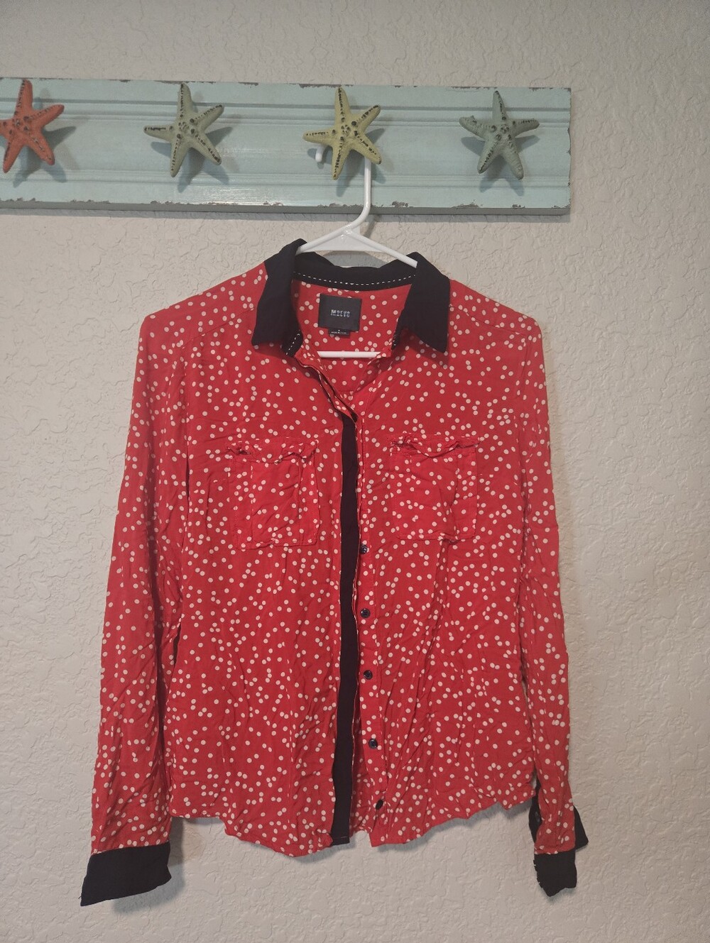 Maeve Anthropologie Red Polka Dot Contrast Trim Button Down Shirt Size 0